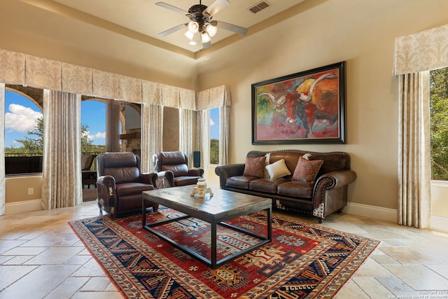 living room featuring ceiling fan