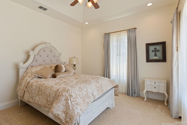 carpeted bedroom featuring ceiling fan