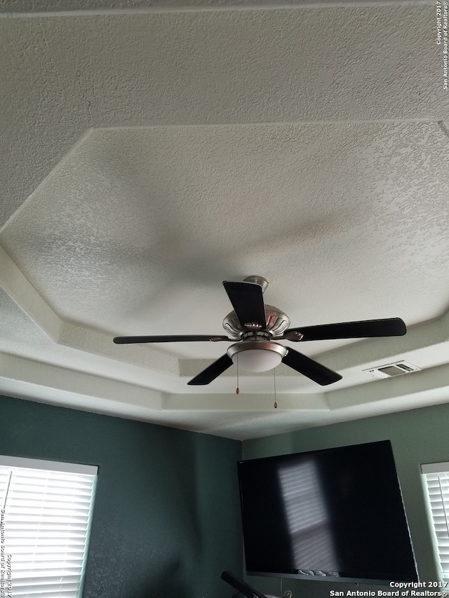 details with a textured ceiling, a raised ceiling, and ceiling fan