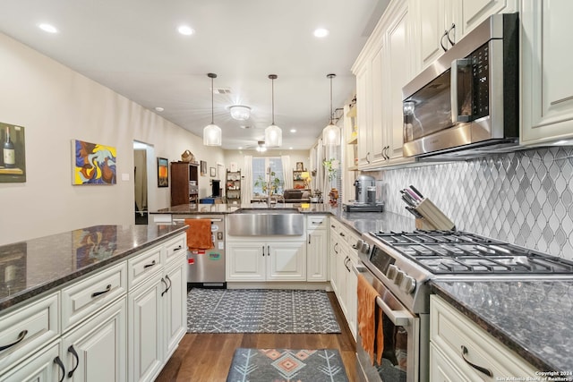 kitchen with hanging light fixtures, stainless steel appliances, sink, dark hardwood / wood-style flooring, and tasteful backsplash