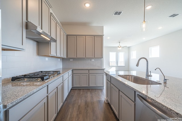 10280 Bartenheim Dr, Schertz, TX 78154 - kitchen with appliances with stainless steel finishes, a sink, gray cabinets, extractor fan, and recessed lighting