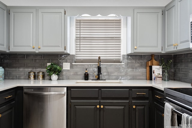 kitchen featuring backsplash, white cabinetry, dishwasher, and sink