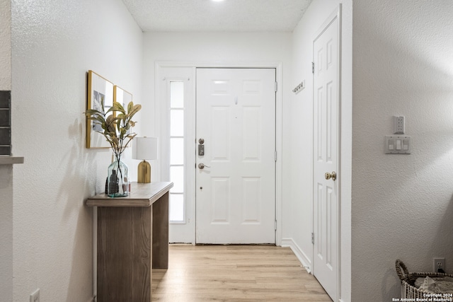 entrance foyer featuring a textured ceiling, light wood-type flooring, and a healthy amount of sunlight