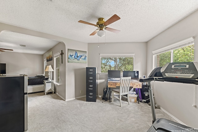 workout room featuring ceiling fan, a textured ceiling, and light carpet