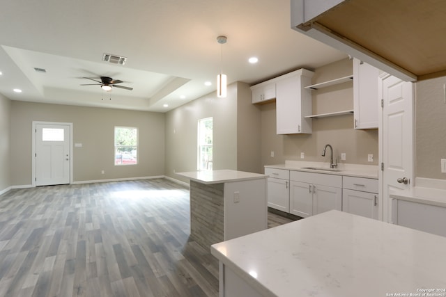 kitchen with ceiling fan, dark hardwood / wood-style floors, sink, and white cabinetry