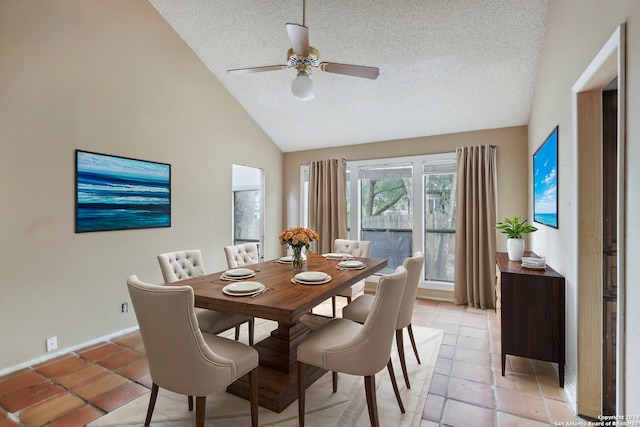 dining room featuring ceiling fan, a textured ceiling, and light tile patterned floors