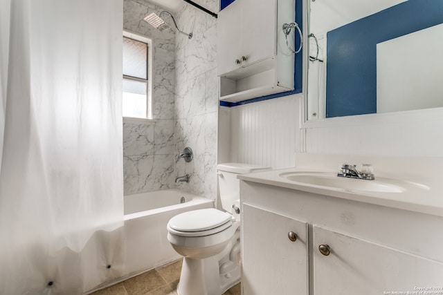 full bathroom featuring vanity, toilet, shower / bath combo with shower curtain, and tile patterned flooring