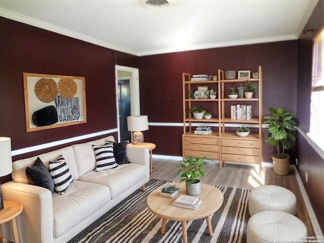 living room with crown molding and hardwood / wood-style floors