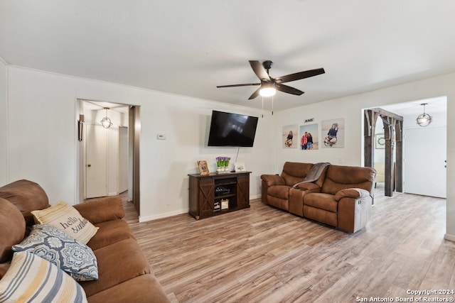 living room with ceiling fan and light hardwood / wood-style flooring