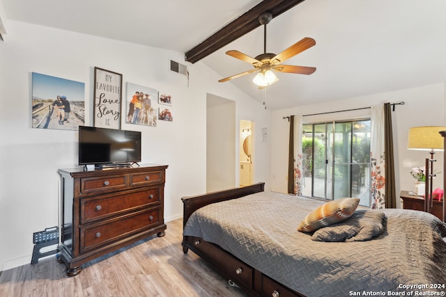 bedroom featuring ceiling fan, vaulted ceiling with beams, access to outside, connected bathroom, and light hardwood / wood-style floors