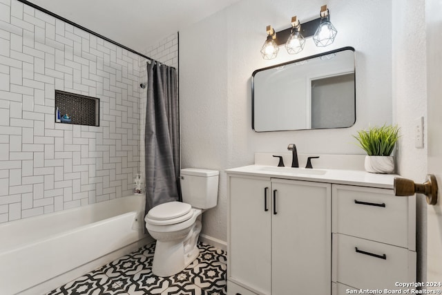 full bathroom featuring shower / tub combo, tile patterned flooring, vanity, and toilet