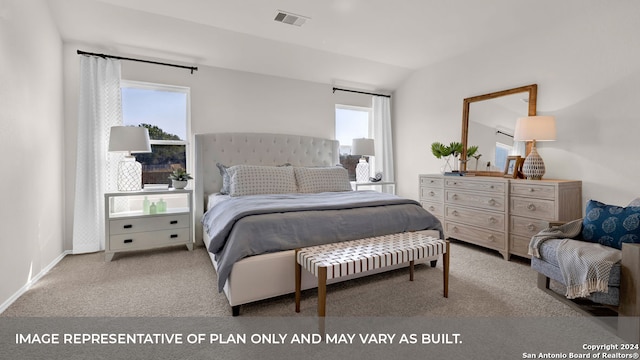 carpeted bedroom featuring vaulted ceiling and multiple windows