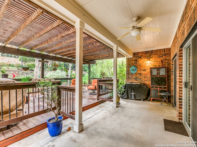 exterior space featuring ceiling fan, grilling area, a deck, and a pergola