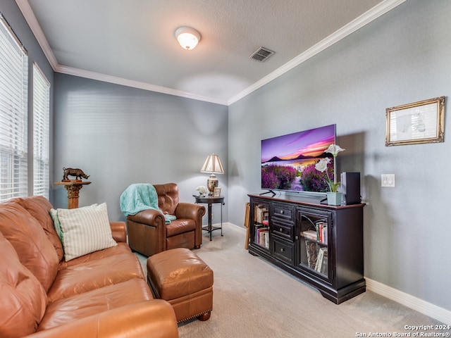 carpeted living room with a textured ceiling and ornamental molding