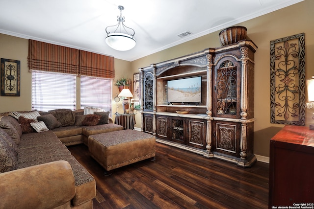 living room featuring ornamental molding and dark wood-type flooring