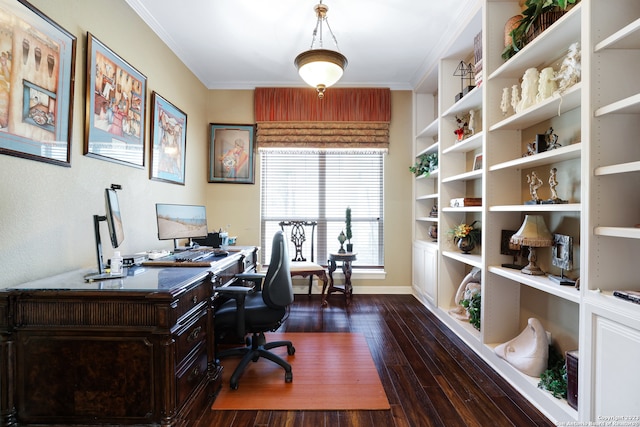 office area with dark hardwood / wood-style floors and ornamental molding