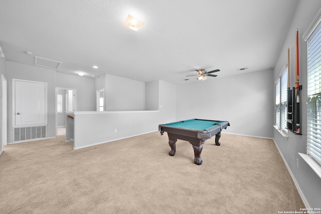 game room with light colored carpet, billiards, and ceiling fan