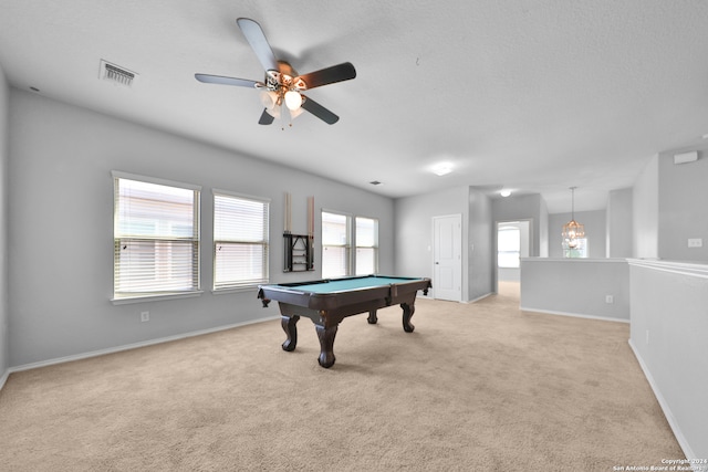 playroom featuring a healthy amount of sunlight, light colored carpet, billiards, and ceiling fan