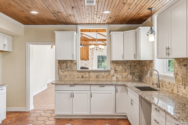 kitchen with white cabinets, hanging light fixtures, sink, and decorative backsplash