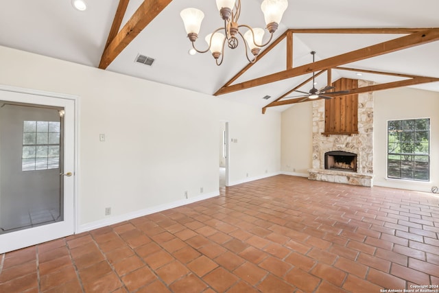 unfurnished living room with ceiling fan with notable chandelier, a fireplace, beamed ceiling, and high vaulted ceiling