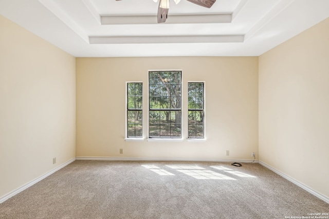 spare room with ceiling fan, a raised ceiling, and carpet floors