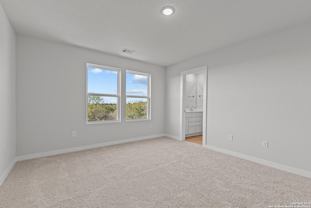 unfurnished bedroom with ensuite bath, sink, and light colored carpet