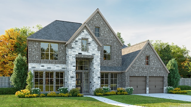 view of front of property featuring a front yard, concrete driveway, fence, and stone siding