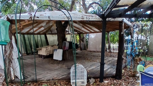 view of patio / terrace featuring a gazebo and a wooden deck