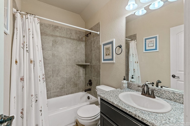 full bathroom with shower / bath combo, vanity, and toilet