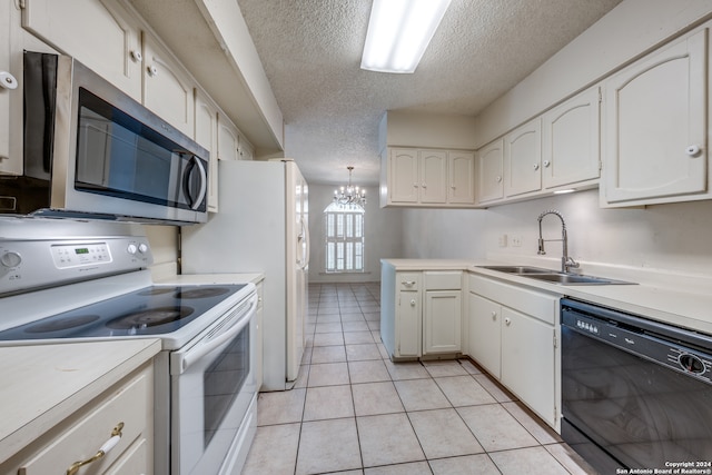 kitchen featuring white electric range oven, a textured ceiling, white cabinetry, an inviting chandelier, and black dishwasher