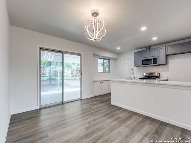 kitchen with a wealth of natural light, pendant lighting, appliances with stainless steel finishes, and hardwood / wood-style flooring