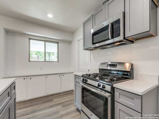 kitchen with gray cabinets, light hardwood / wood-style flooring, and appliances with stainless steel finishes