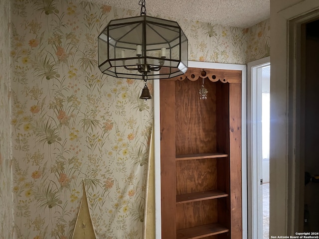 details featuring a textured ceiling, a chandelier, and built in features