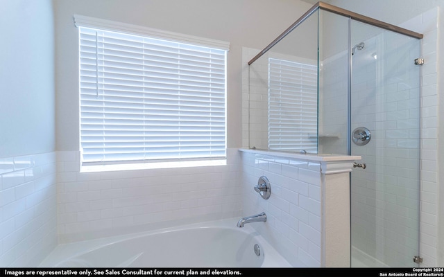 bathroom with shower with separate bathtub