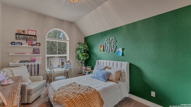 bedroom with vaulted ceiling and carpet floors