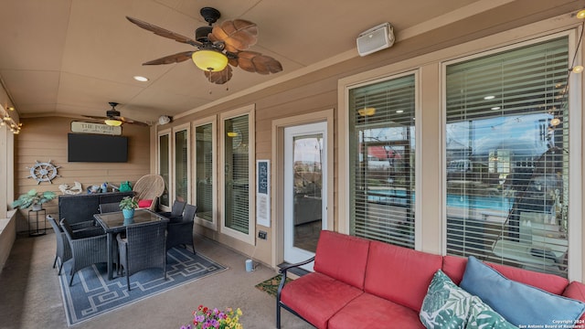 view of patio / terrace featuring ceiling fan and an outdoor hangout area