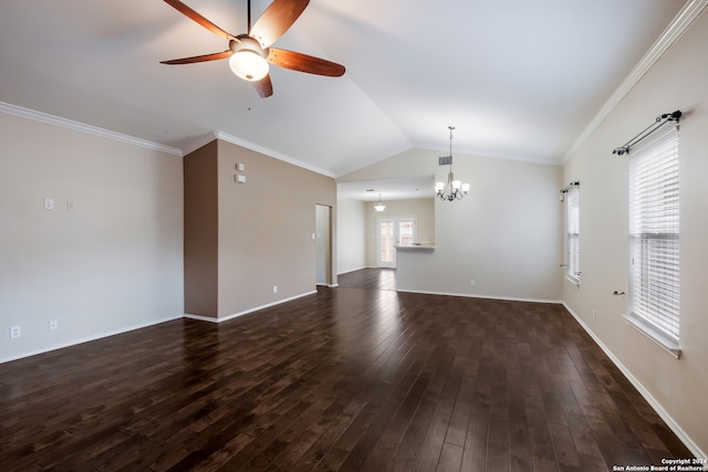 unfurnished living room featuring ornamental molding, ceiling fan with notable chandelier, dark hardwood / wood-style flooring, and lofted ceiling