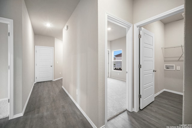 corridor featuring dark hardwood / wood-style flooring