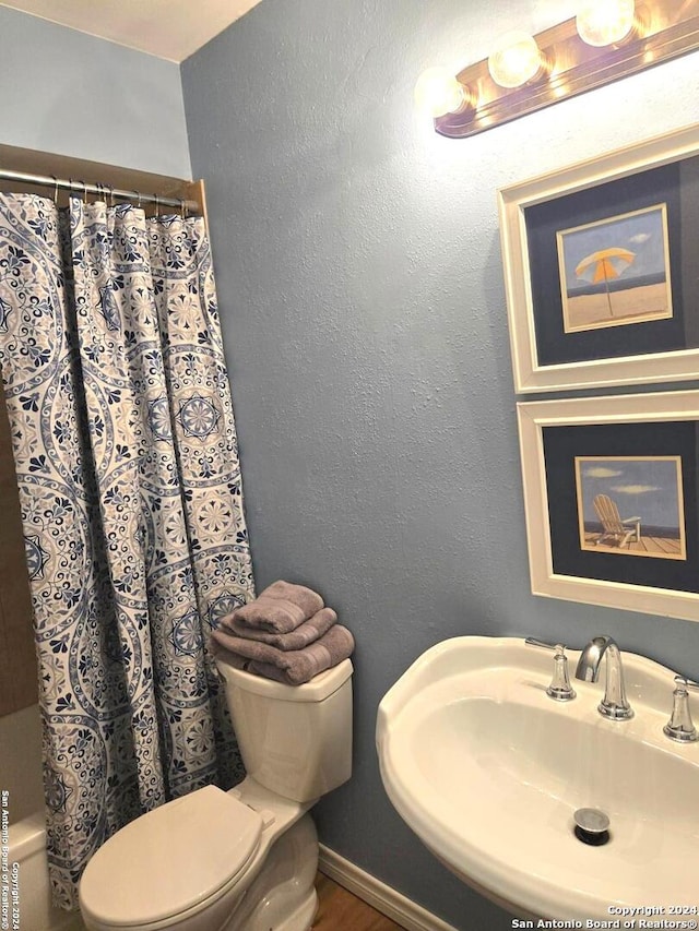 bathroom featuring sink, toilet, and a shower with shower curtain