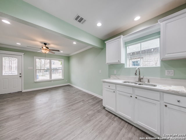 kitchen with ceiling fan, sink, and white cabinetry