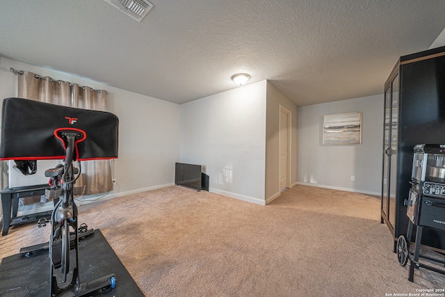 workout room with a textured ceiling and carpet