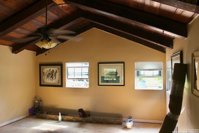 interior space with ceiling fan, lofted ceiling, and wood ceiling