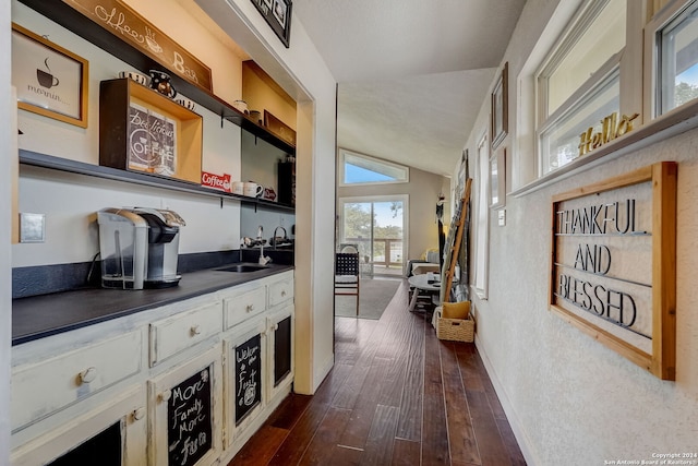 hallway featuring vaulted ceiling, sink, and dark hardwood / wood-style flooring