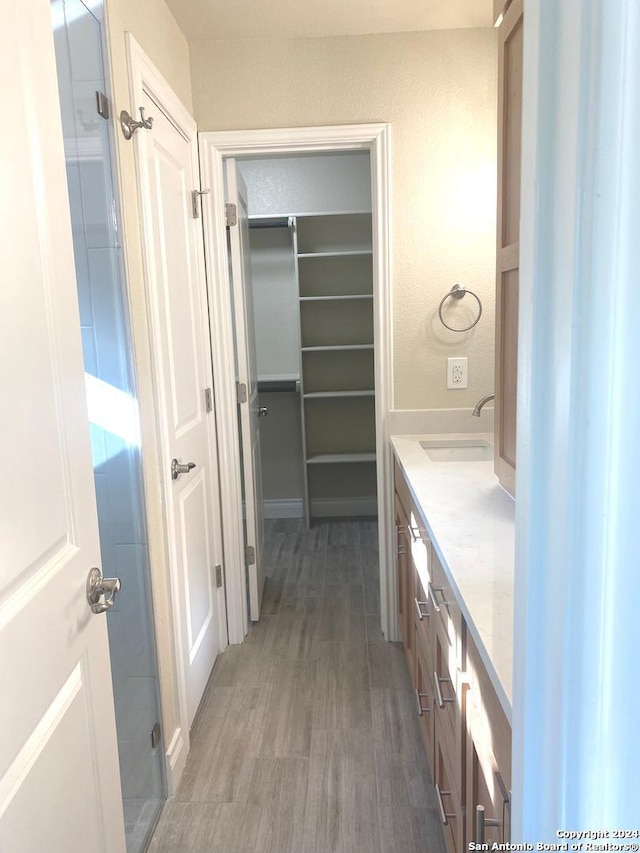 bathroom with vanity and hardwood / wood-style flooring