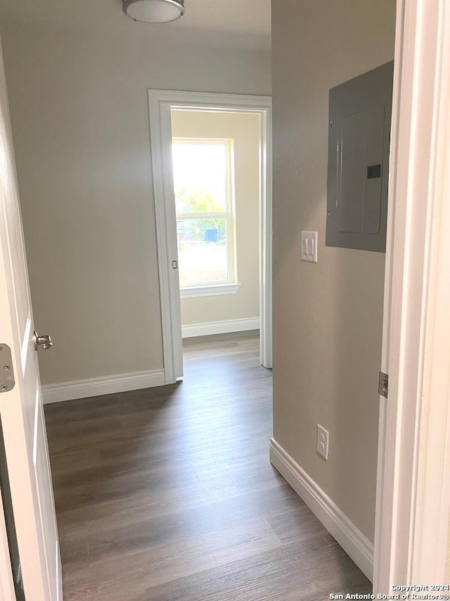 hallway featuring dark wood-type flooring and electric panel