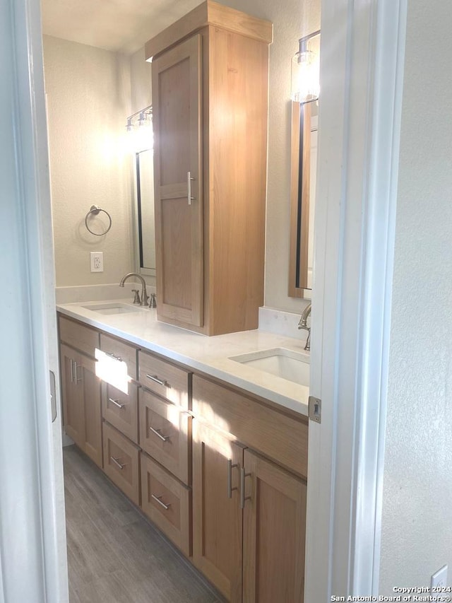 bathroom with vanity and hardwood / wood-style flooring