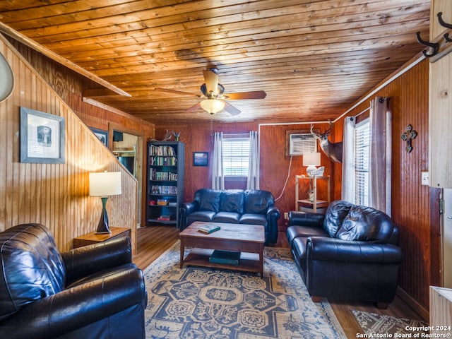 living room featuring wood ceiling, wood walls, ceiling fan, and hardwood / wood-style floors