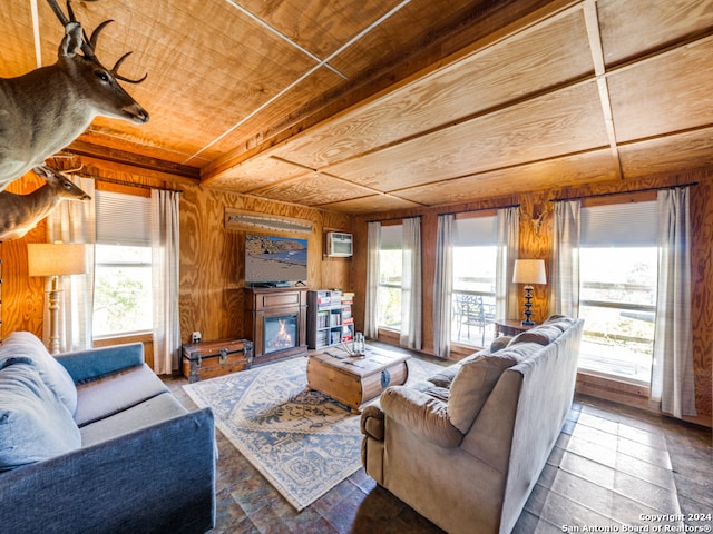 living room featuring wooden walls, a fireplace, wooden ceiling, and a healthy amount of sunlight