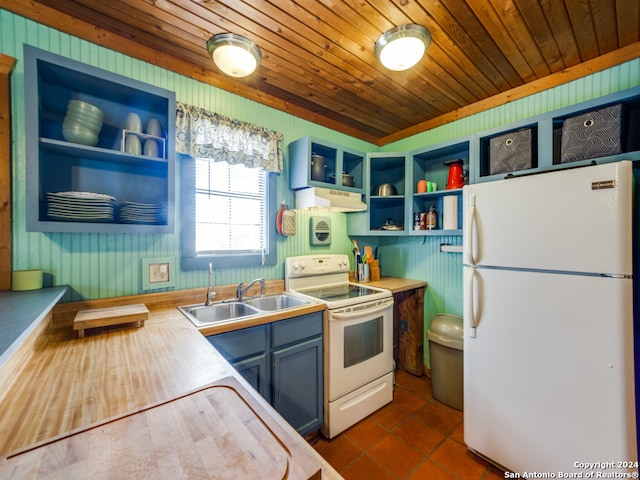 kitchen with dark tile patterned floors, sink, white appliances, extractor fan, and wooden ceiling