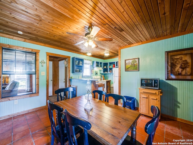 dining area with wood ceiling, ceiling fan, and tile patterned floors